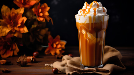 Pumpkin caramel iced latte with whipped cream and caramel syrup - obrazy, fototapety, plakaty