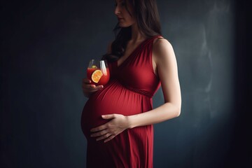 Pregnant woman red dress juice drink. Belly abdomen beauty human girl. Generate Ai