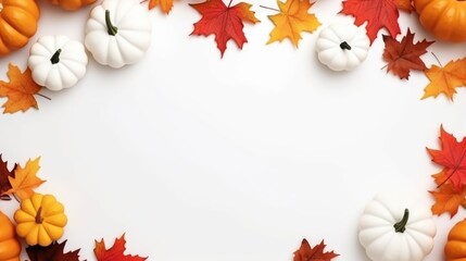 Naklejka na ściany i meble autumn leaves and pumpkins on white background.