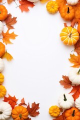 autumn leaves and pumpkins on white background.
