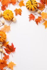 autumn leaves and pumpkins on white background.