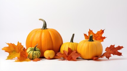 Naklejka na ściany i meble autumn leaves and pumpkins on white background.