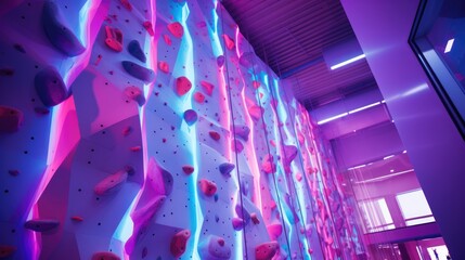 Neon wall with climbing holds in gym. Climbing wall. Sports and active lifestyle - obrazy, fototapety, plakaty
