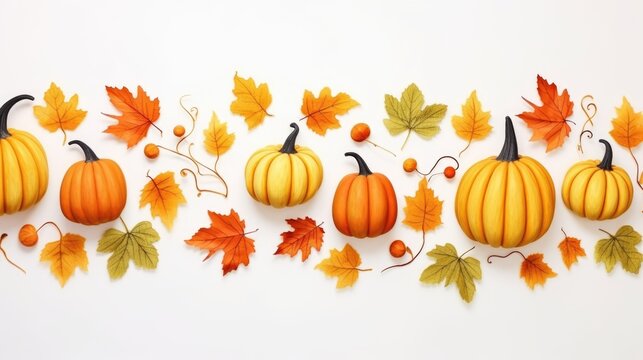 autumn leaves and pumpkins on white background.