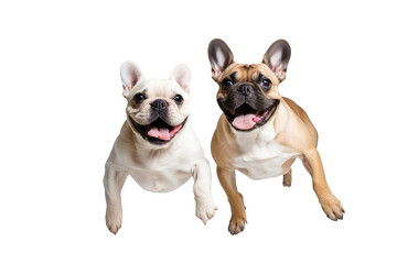 a quality stock photograph of two laughing happy jumping french bulldogs full body isolated on a white background
