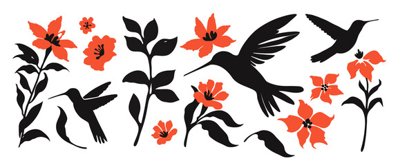 Set of leaves silhouette of beautiful plants, flower and hummingbird. Vector illustration .	