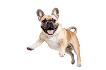 Fototapeta premium a quality stock photograph of a single laughing happy jumping french bulldog full body isolated on a white background
