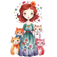 Cute Mom And Cats Watercolor Clipart Illustration