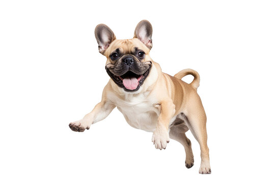 a quality stock photograph of a single laughing happy jumping french bulldog full body isolated on a white background