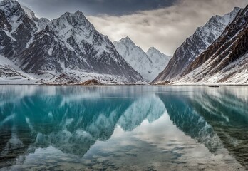 A scene of tranquility, highlighting the crystal-clear waters of Attabad Lake reflecting the snowy peaks of the Karakoram Range. - obrazy, fototapety, plakaty