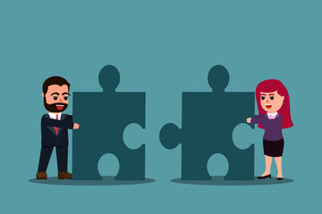 A businessman and a businesswoman work together to solve a jigsaw puzzle. Working together as a team for success. Team metaphor and teamwork concept. Vector illustration