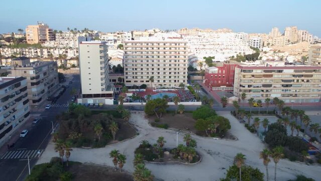 Tracking shot of Cabo Cervera park and playground near the popular tourist town of Torrevieja, Costa Blanca, Spain
