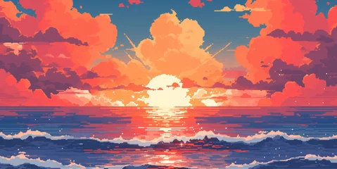 Papier Peint photo Lavable Corail Sunset or sunrise in ocean, nature landscape background, pink clouds. Evening or morning view pixel art illustration.