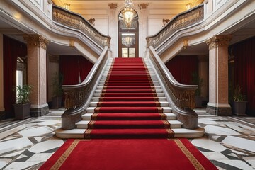 Marble stairs red carpet indoor. Palace luxury interior party design. Generate Ai - obrazy, fototapety, plakaty