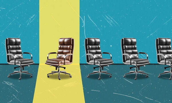 A modern artistic collage featuring images of office chairs.