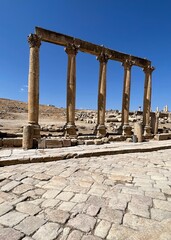 Fototapeta premium Roman Columns Ruins of the ancient city of Jerash in Jordan in the Middle East Jerash Ruins, Jordan– Pompeii of the East 