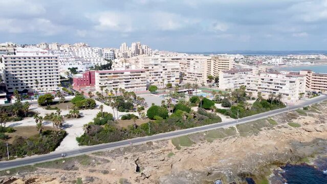 Aerial drone video over the sea at Cabo Cervera, Torrevieja, Spain