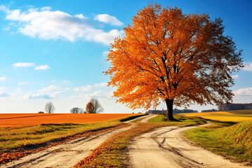 Obraz premium Colorful autumn landscape with a tree near a country road in a rural field.