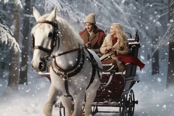 Fototapeta na wymiar a pretty woman sharing a sleigh ride with her loved one through a snow-covered forest, their smiles reflecting the liberating emotional state of wintertime romance and togetherness