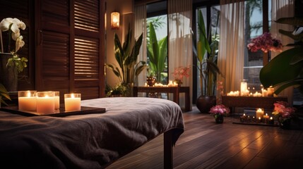 Spa salon for Thai massage interior. Blurred background. Cozy room