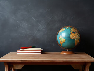 World globe on notebook stack in classroom. Back to school concept,School books on desk, education concept.