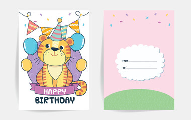 Cute Birthday wishing card with cute little tiger and  seamless pattern with Birthday gifts, balloons, birthday decors. Printable A5 size card.