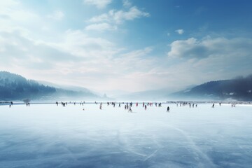 an expansive frozen lake transformed into a communal ice skating rink, with skaters gliding gracefully amidst the snow-covered landscape - obrazy, fototapety, plakaty