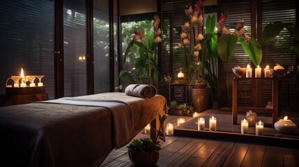 Spa salon for Thai massage interior. Blurred background. Cozy room - obrazy, fototapety, plakaty