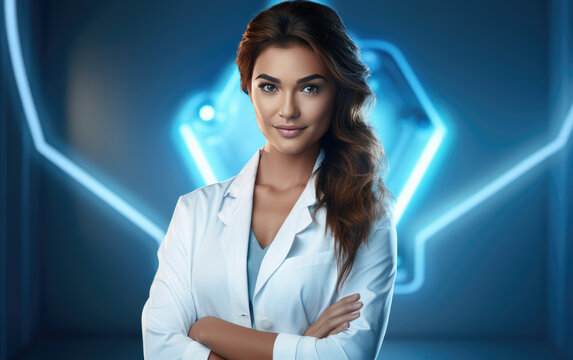 female doctor wearing white medical uniform with medical stethoscope on blue background medical concept,Shows hand with finger up attention. With space for text. Hospital practitioner intern.