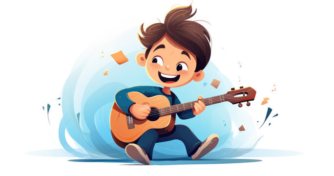 Boy in sunglasses posing with guitar as rock star,Joyful boy playing guitar isolated on flat isolated on white background with copy space.