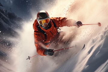 a handsome man racing down a snow-covered ski slope, his exhilaration capturing the liberating sense of speed and adventure on the slopes