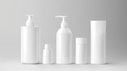 set blank templates of empty and clean white plastic containers: bottles with spray, dispenser and dropper, cream jar, tube. Realistic mock-up of cosmetic.