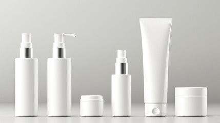 set blank templates of empty and clean white plastic containers: bottles with spray, dispenser and dropper, cream jar, tube. Realistic mock-up of cosmetic.
