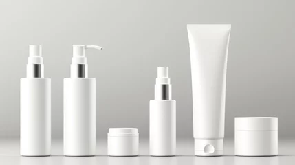 Fotobehang set blank templates of empty and clean white plastic containers: bottles with spray, dispenser and dropper, cream jar, tube. Realistic mock-up of cosmetic. © kiatipol