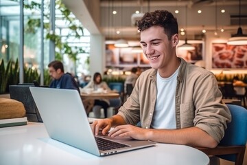 Young man working on laptop, student or freelancer with computer sitting in cafe at table looking in camera. AI generative