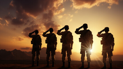 Fototapeta na wymiar Military silhouettes of soldiers against the backdrop of sunset sky,Silhouette of soldiers,Concept - armed forces.