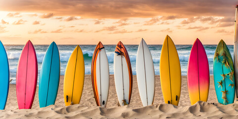 colorful surfboards standing in tropical beach sand with ocean in the background. - obrazy, fototapety, plakaty