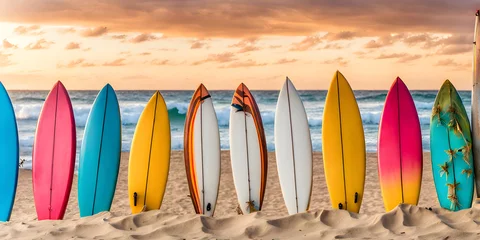 Fotobehang colorful surfboards standing in tropical beach sand with ocean in the background. © Smile Studio AP