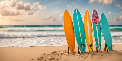 colorful surfboards standing in tropical beach sand with ocean in the background.