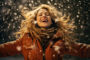 a young woman dancing in a snowfall, her joyous and carefree movements capturing the liberating essence of celebrating the beauty of winter's snowfall
