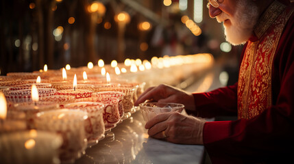 Blessing of Candles: A close-up of candles being blessed by a clergy member in a beautifully decorated church during Candlemas