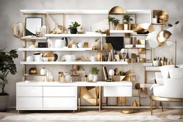 A stylish white and golden bookshelf filled with smart gadgets, set in an abstract ambiance.