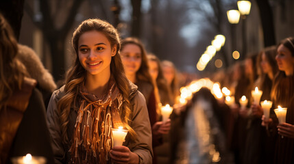 Obraz premium Candlelit Procession: A stunning image of a candlelit procession with people carrying flickering candles, illuminating a dark winter evening during Candlemas Day