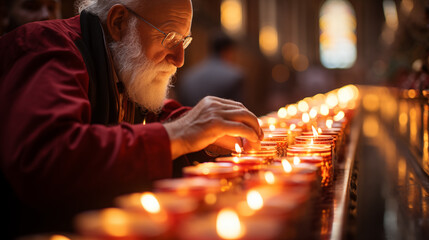 Blessing of Candles: A close-up of candles being blessed by a clergy member in a beautifully decorated church during Candlemas - obrazy, fototapety, plakaty