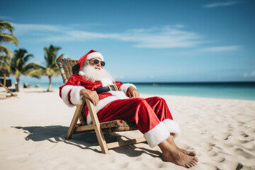 Father christmas relaxing on a tropical beach. Seasonal festive travel