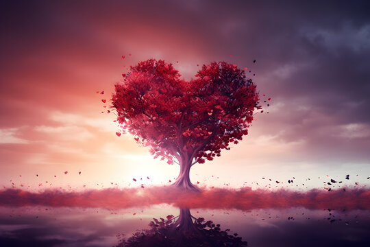 Tree of love. Red heart shaped tree landscape. Valentine's Day background.	
