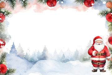 Santa claus and Christmas tree in winter season background.