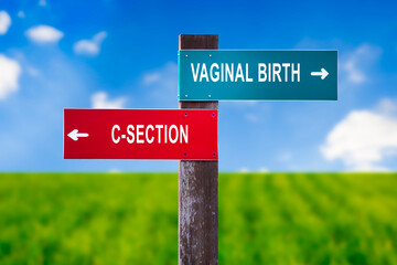 Vaginal Birth vs C-section - Traffic sign with two options - natural delivery vs Caesarean section....