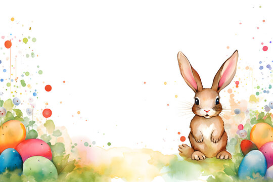 Bunny with easter eggs frame background in watercolor style.