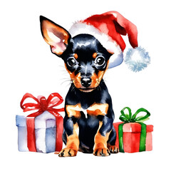 Miniature Pinscher puppy with christmas gift box